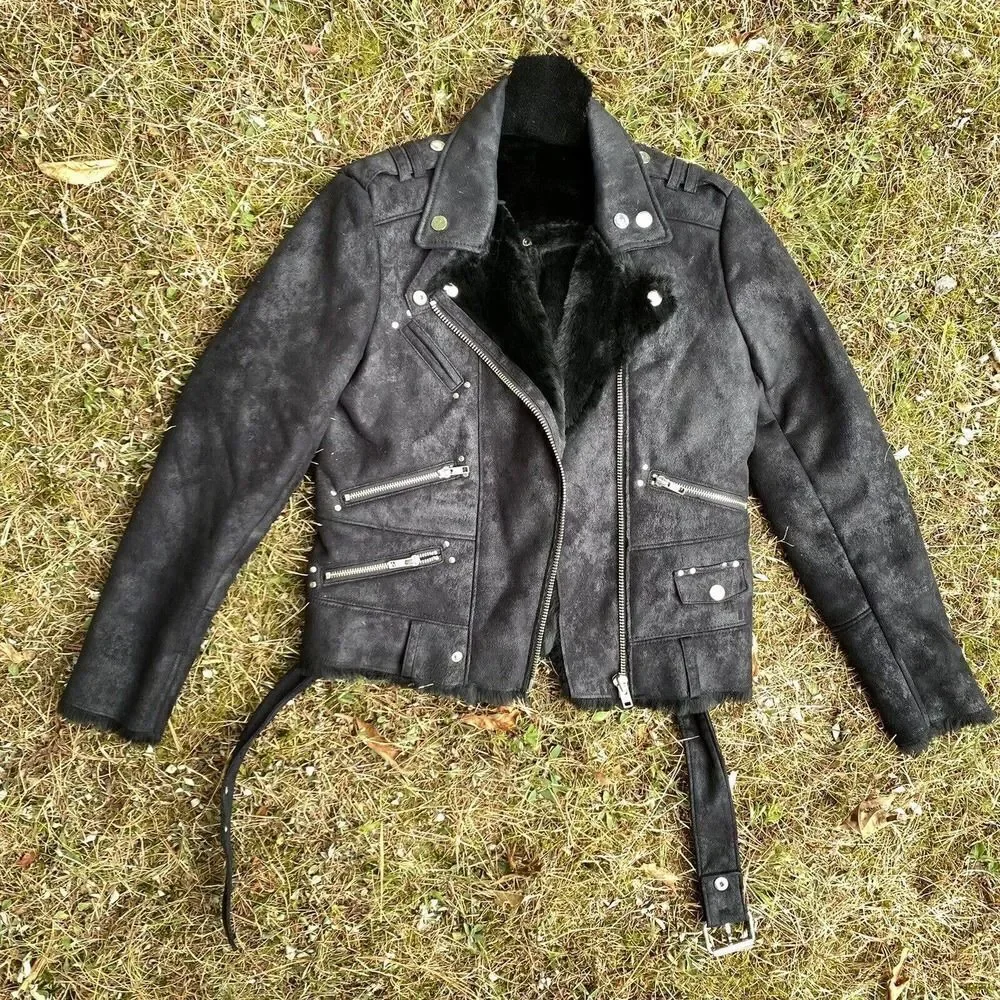 The Kooples black faux suede moto biker fur lined jacket vegan leather S - Picture 9 of 9